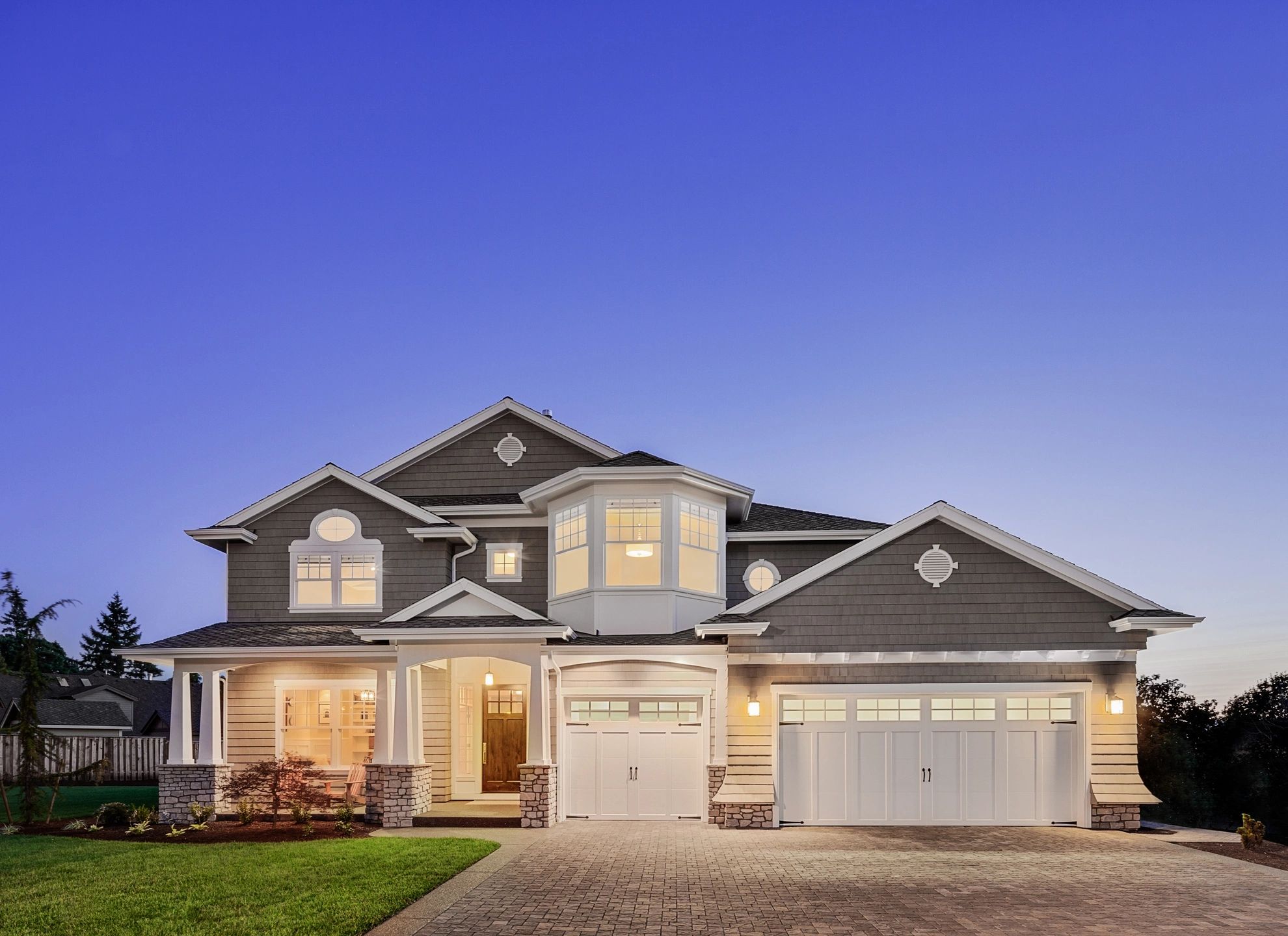 Modern two-story house at dusk